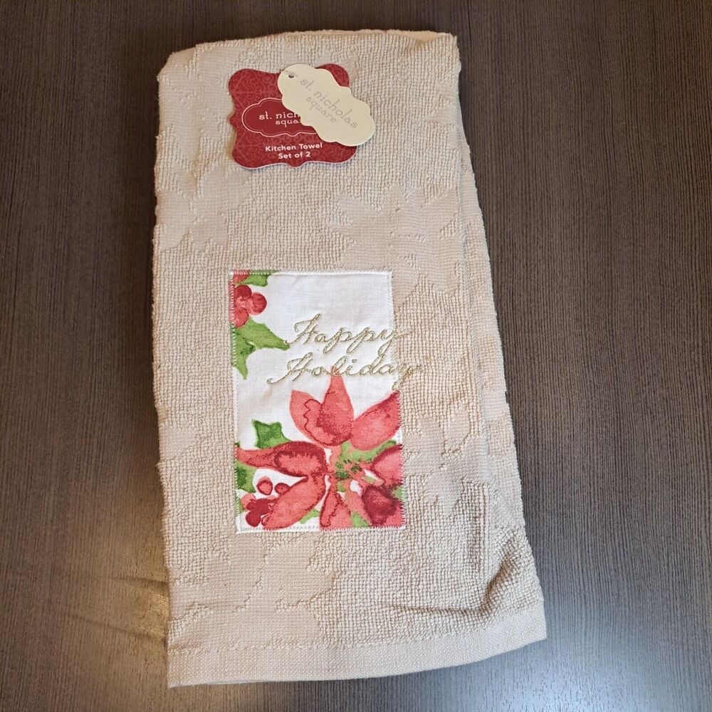 Kitchen Towel Set 2 Christmas Tan White Red Poinsettia Flowers New with Tags NWT